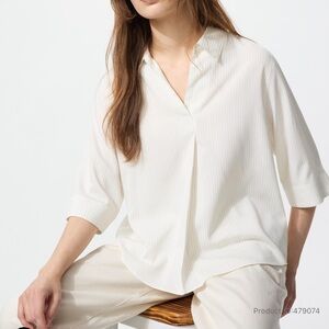 NWT Uniqlo Linen Blend Band Collar Shirt | 3/4 Sleeve | Stripe, Size XS
